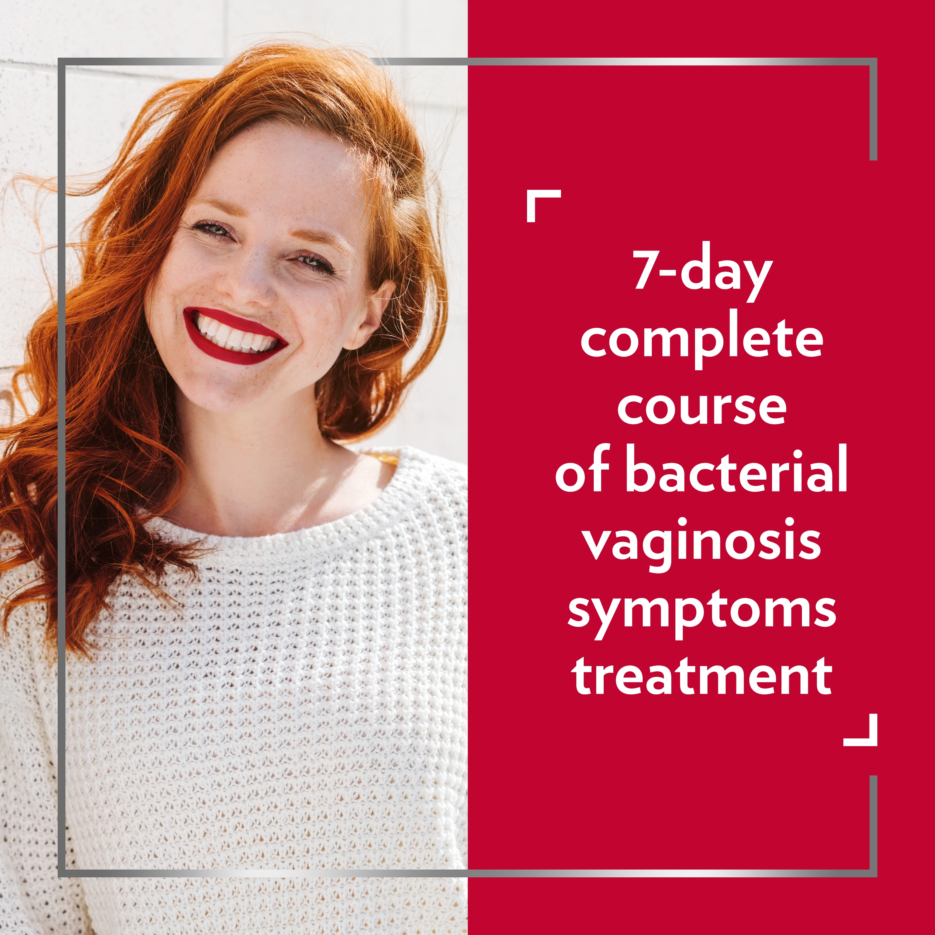 Smiling red-haired woman, with caption on the right side of picture: 7-day complete course of bacterial vaginosis symptoms treatment