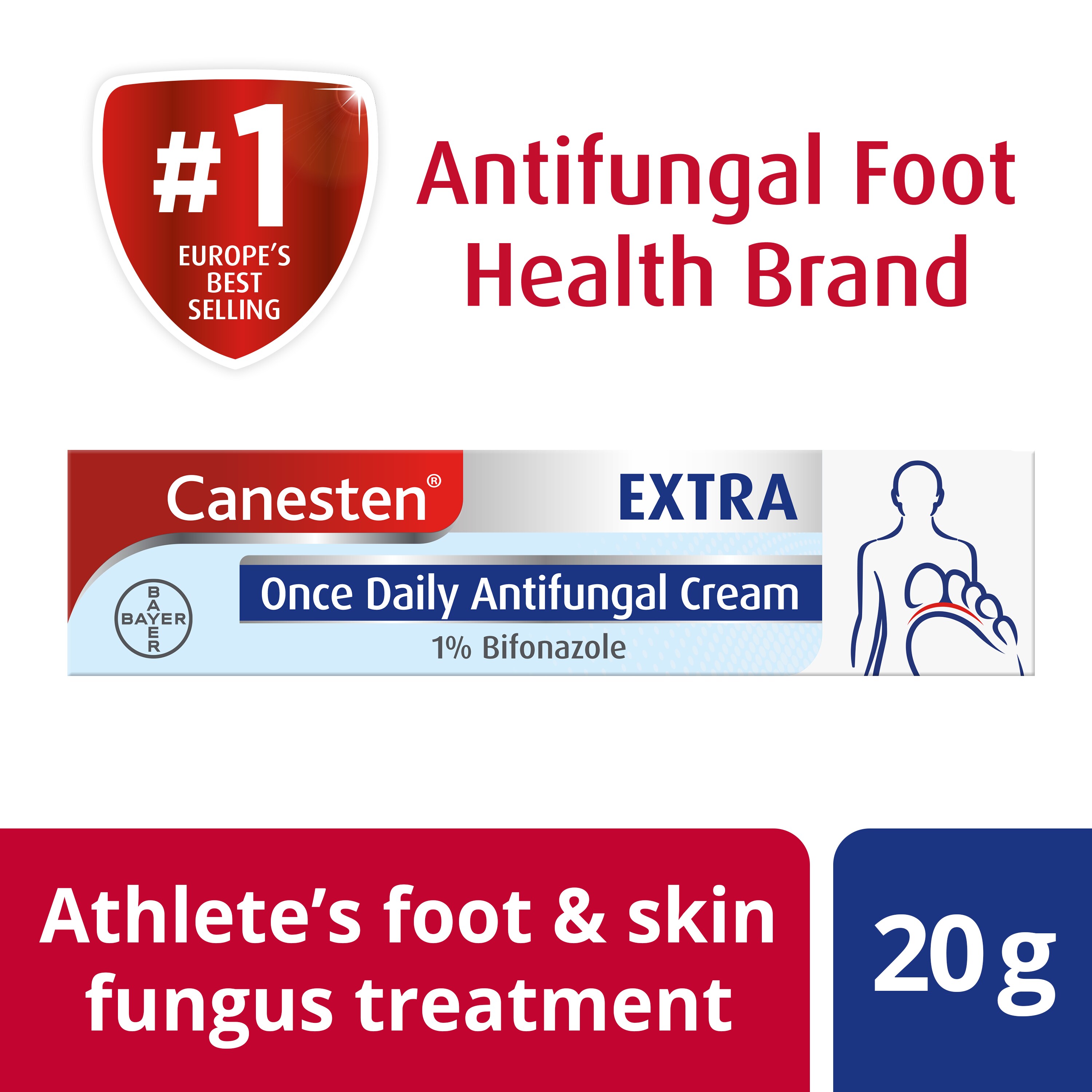 Canesten Extra 1% Bifonazole cream for athlete’s foot and skin fungus treatment 20g with Canesten’s badge on top: Europe’s best selling antifungal foot health brand
