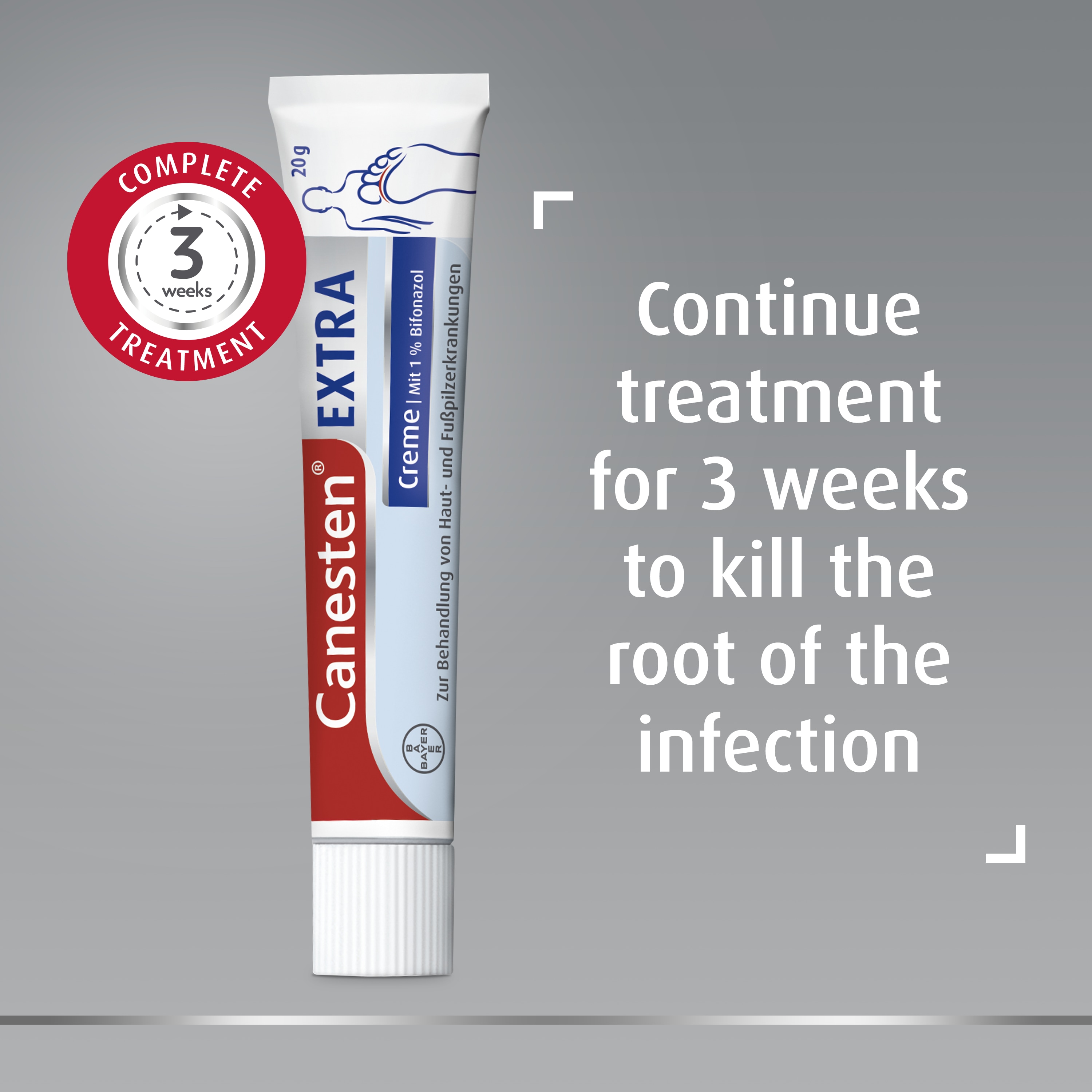 Canesten anti-fungal cream with Canesten badge: Complete 3 weeks treatment, and caption on the right: Continue treatment for 3 weeks to kill the root of the infection