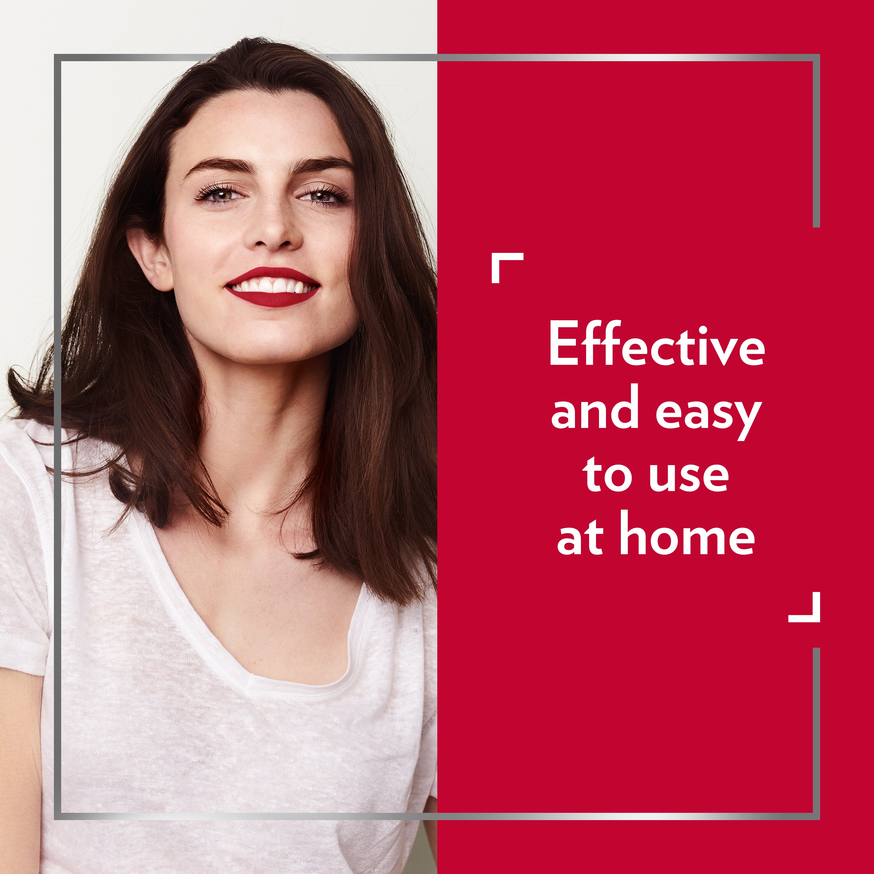 Smiling dark-haired woman, with caption on the right side of picture: Effective and easy to use at home