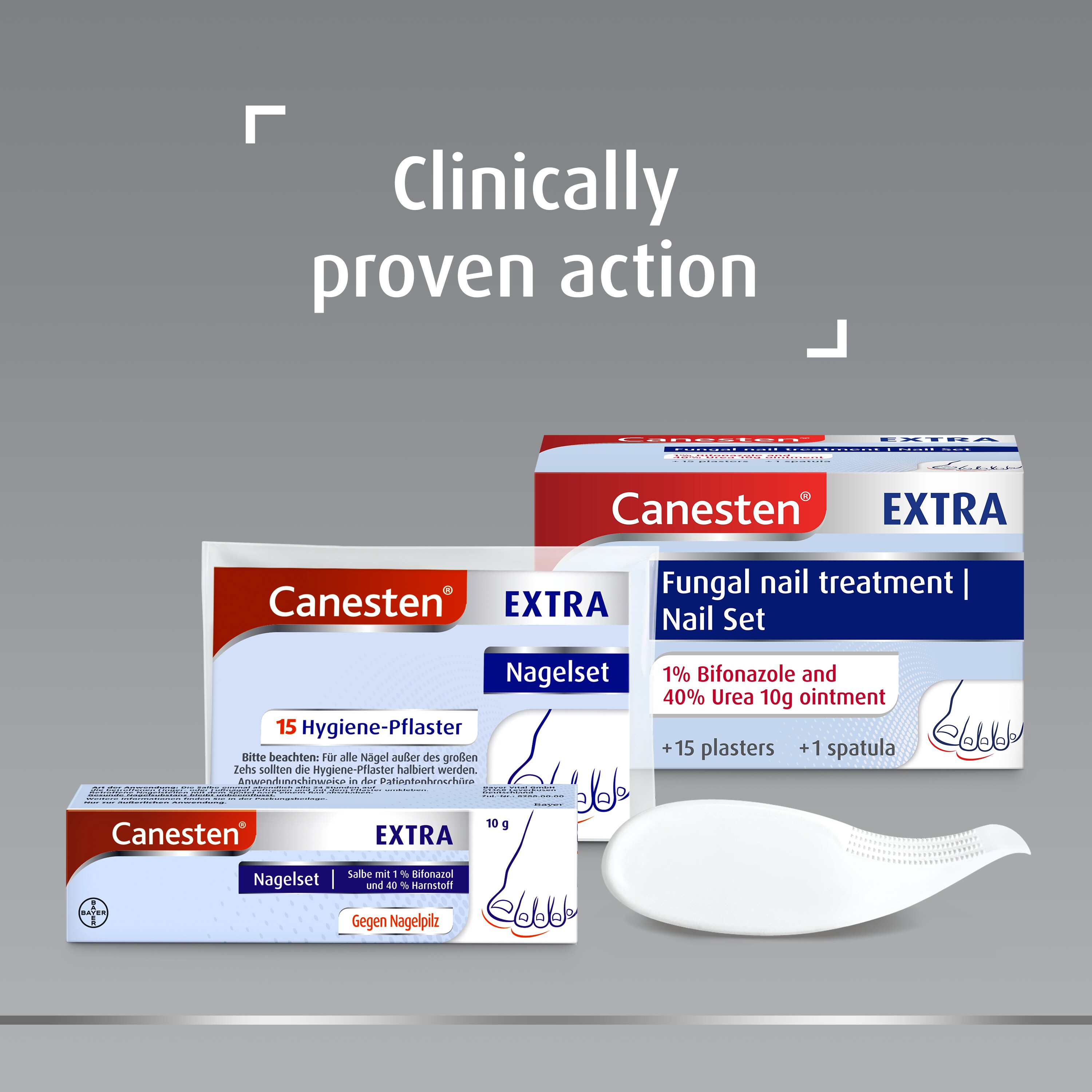 Canesten Extra fungal nail treatment boxes, caption on top: Clinically proven action