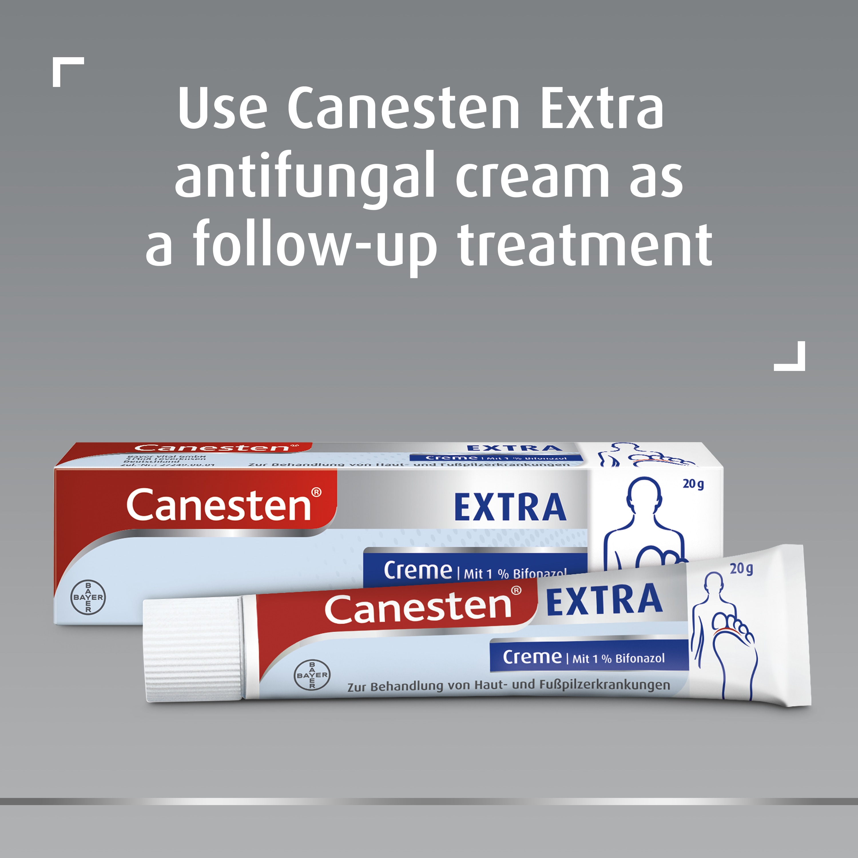Canesten Extra box and tube, with caption on top: Use Canesten Extra antifungal cream as follow-up treatment