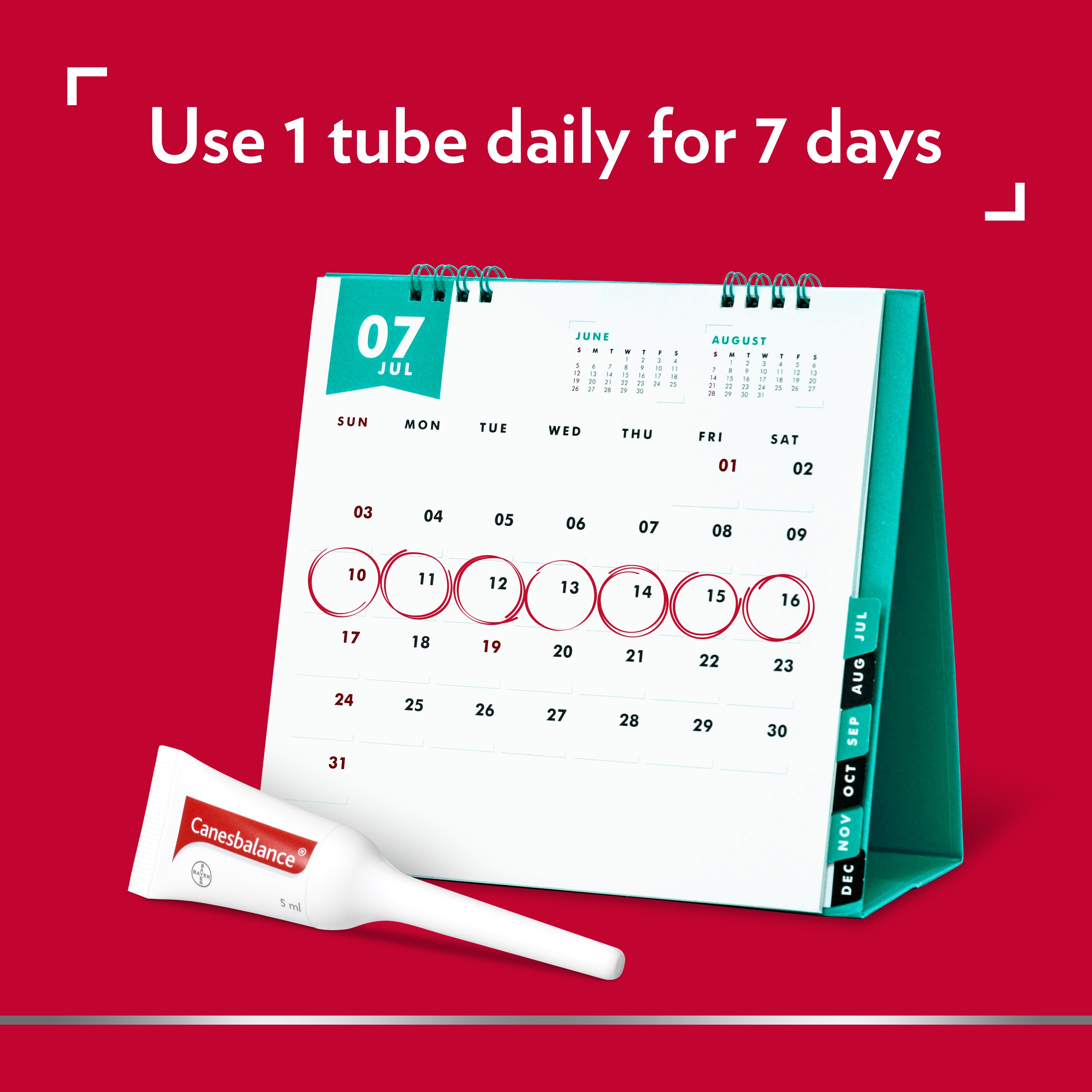 Picture of desktop calendar with Canesbalance tube and caption on top: Use 1 tube daily for 7 days