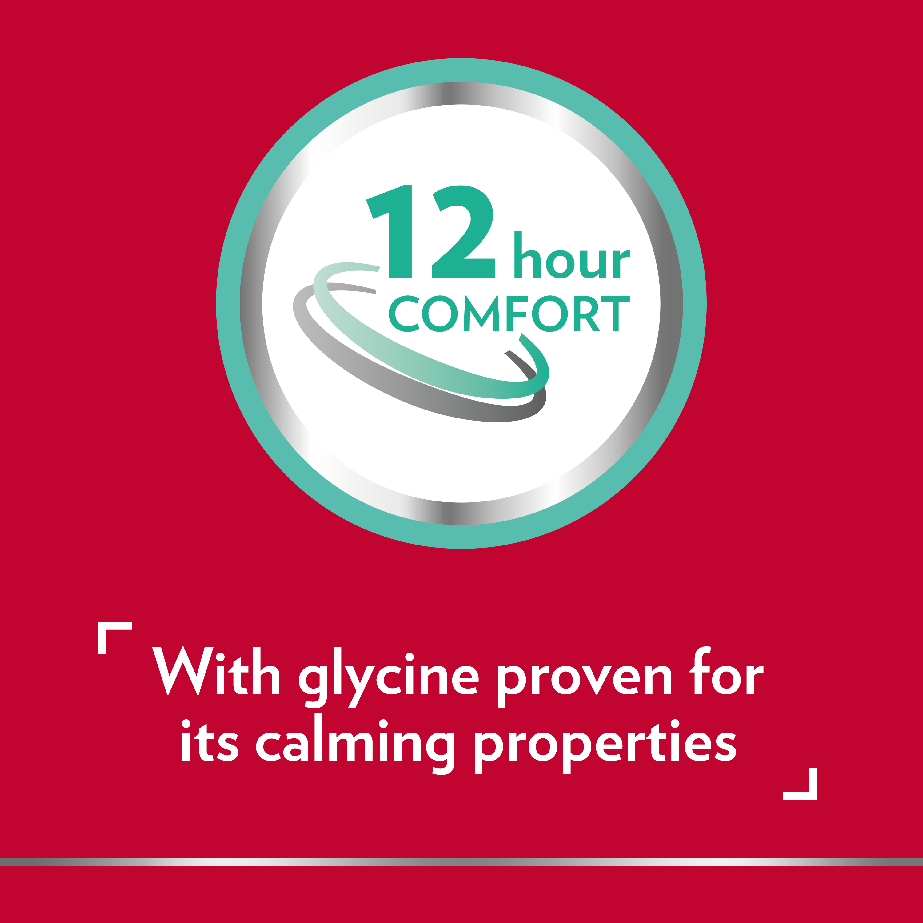 Canesten 12 hour comfort icon with caption on bottom: With glycine proven for its calming properties.