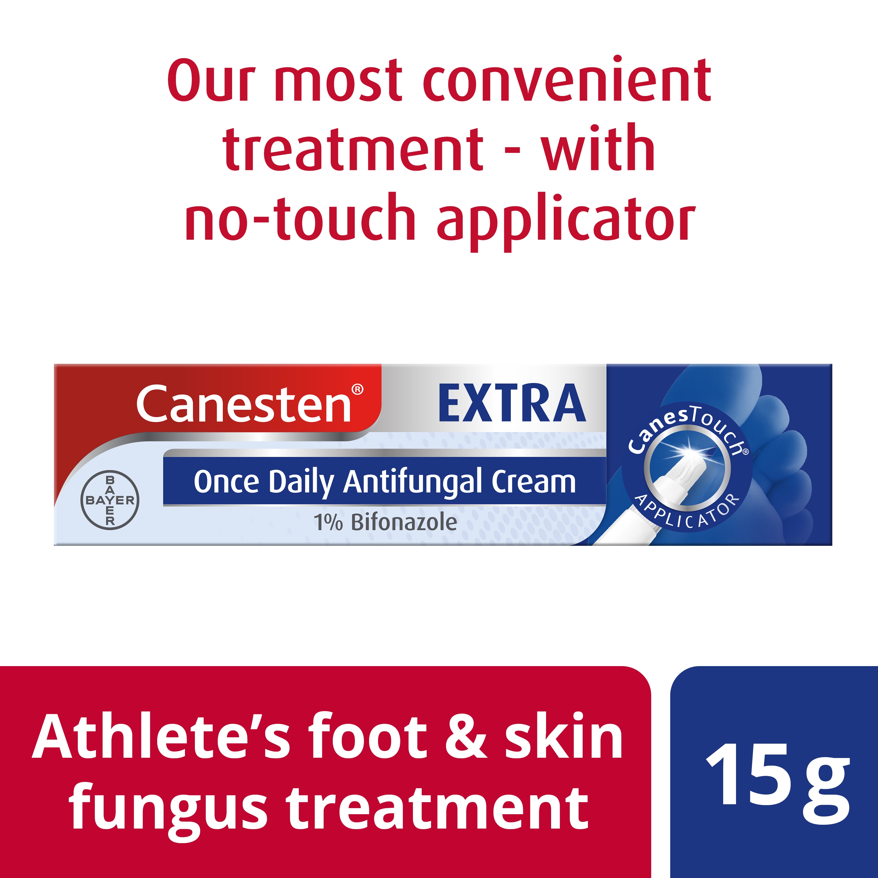 Canesten Extra 1% Bifonazole cream for athlete’s foot and skin fungus treatment 15g with CanesTouch applicator, caption on top: Our most convenient treatment – with no-touch applicator
