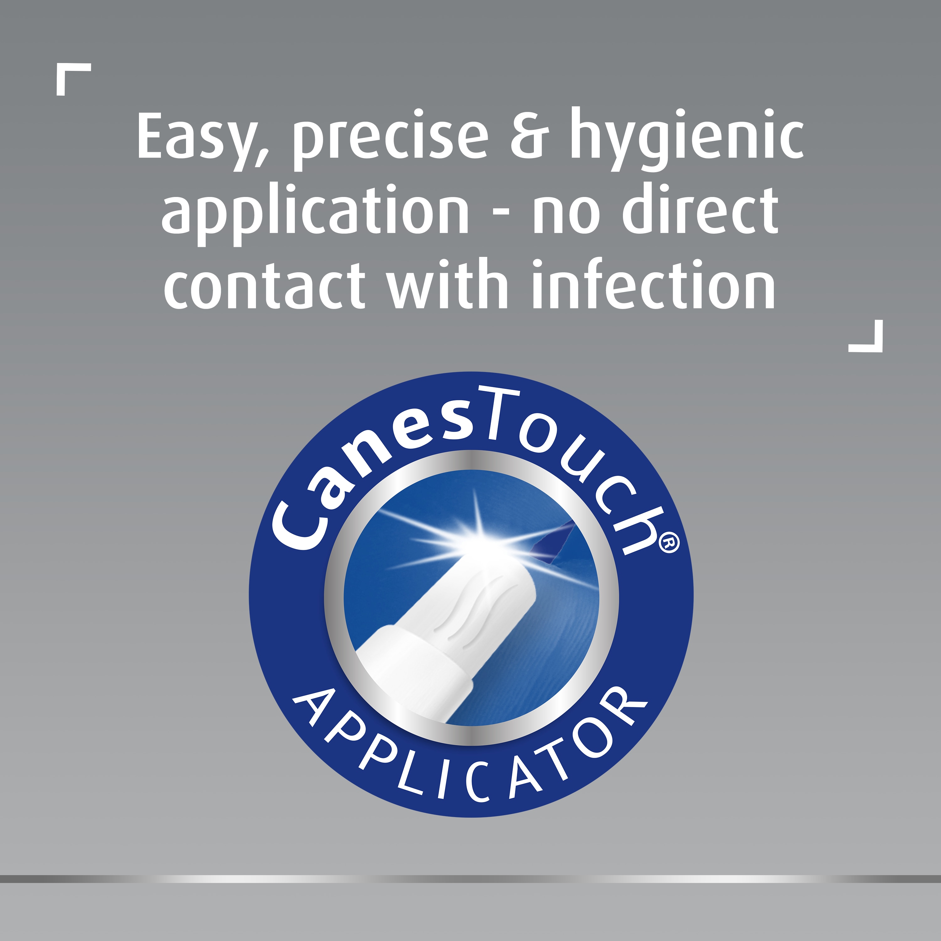 CanesTouch applicator with caption on top: Easy, precise & hygienic application – no direct contact with infection
