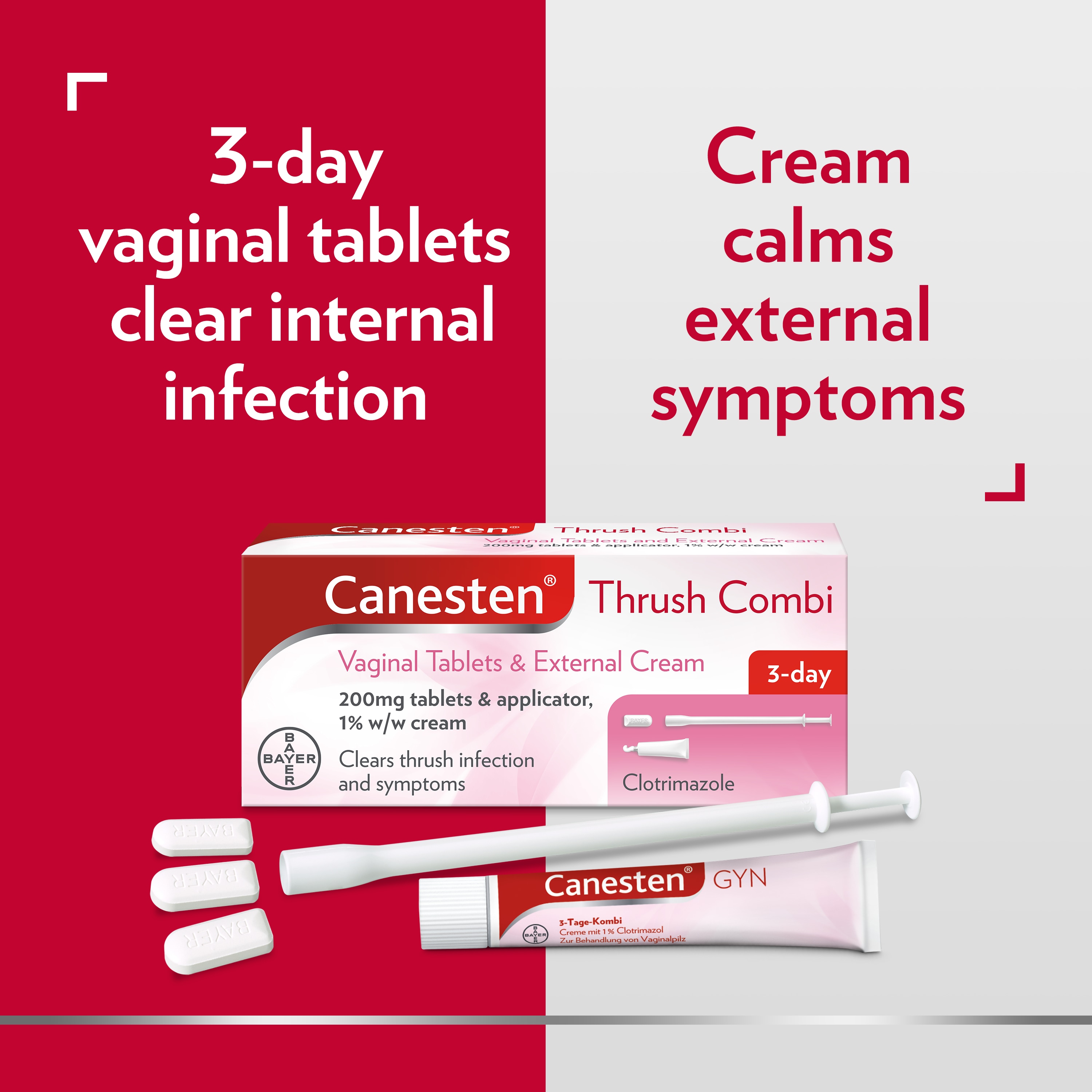 Canesten Thrush Combi Vaginal Tablets & External Cream, with double captions: Left: 3-day vaginal tablets clear internal infection; Right: Cream calms external symptoms