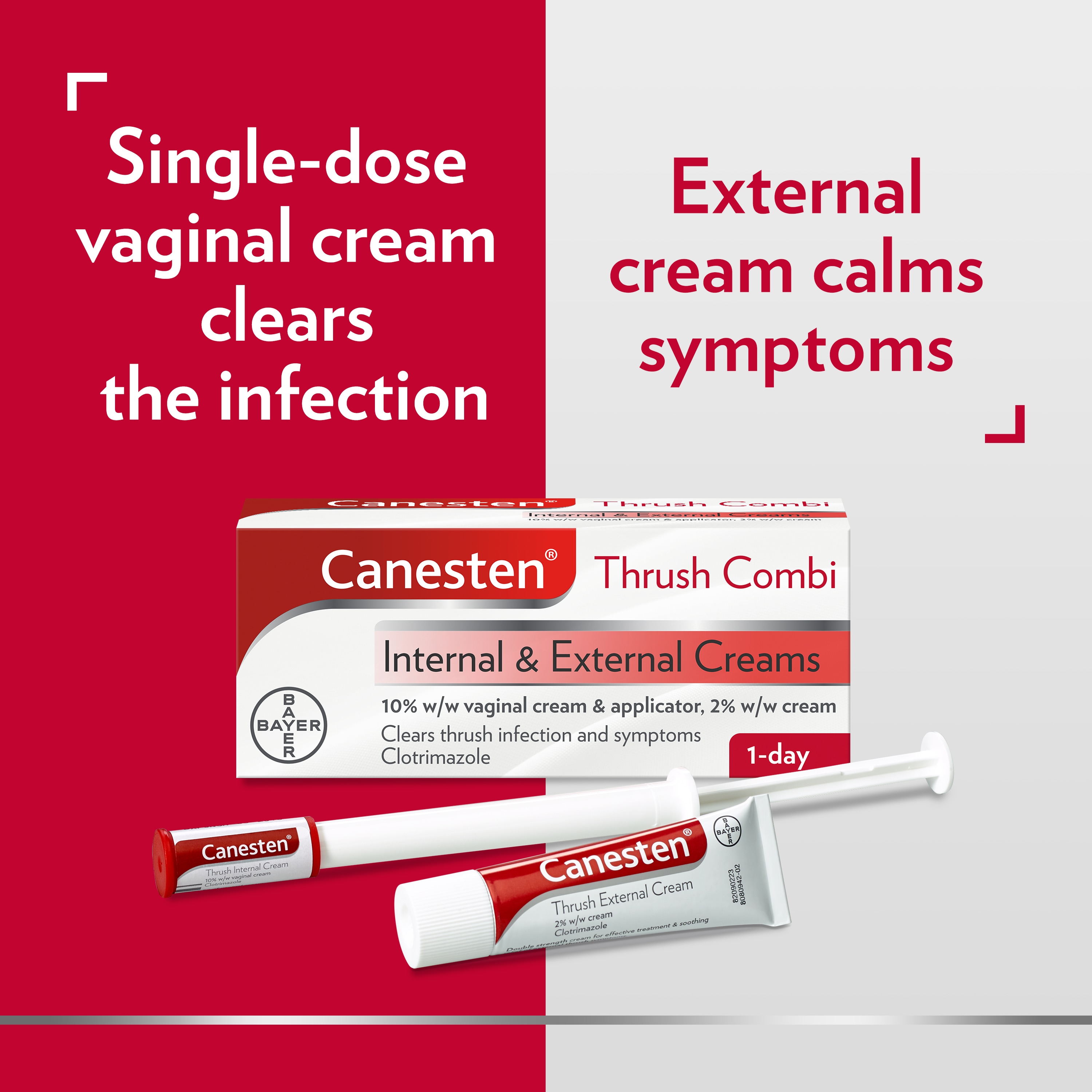 Canesten Thrush Combi Internal & External Creams with double captions: Left side: Single-dose vaginal cream clears the infection, Right side: External cream calms symptoms