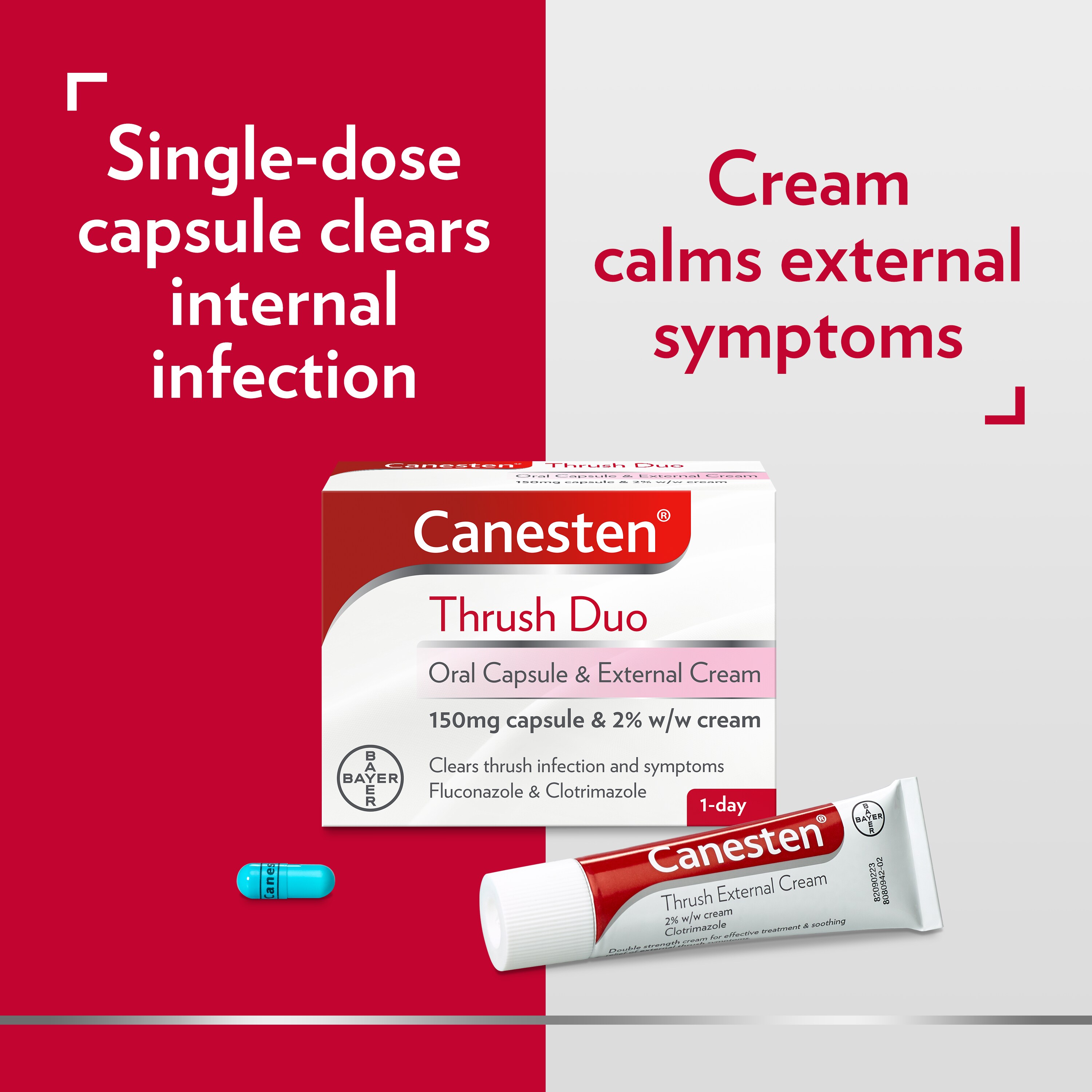 Canesten Thrush Duo Oral Capsule and External Cream, with double captions: Left side: Single-dose capsule clears internal infection, right side: Cream calms external symptoms