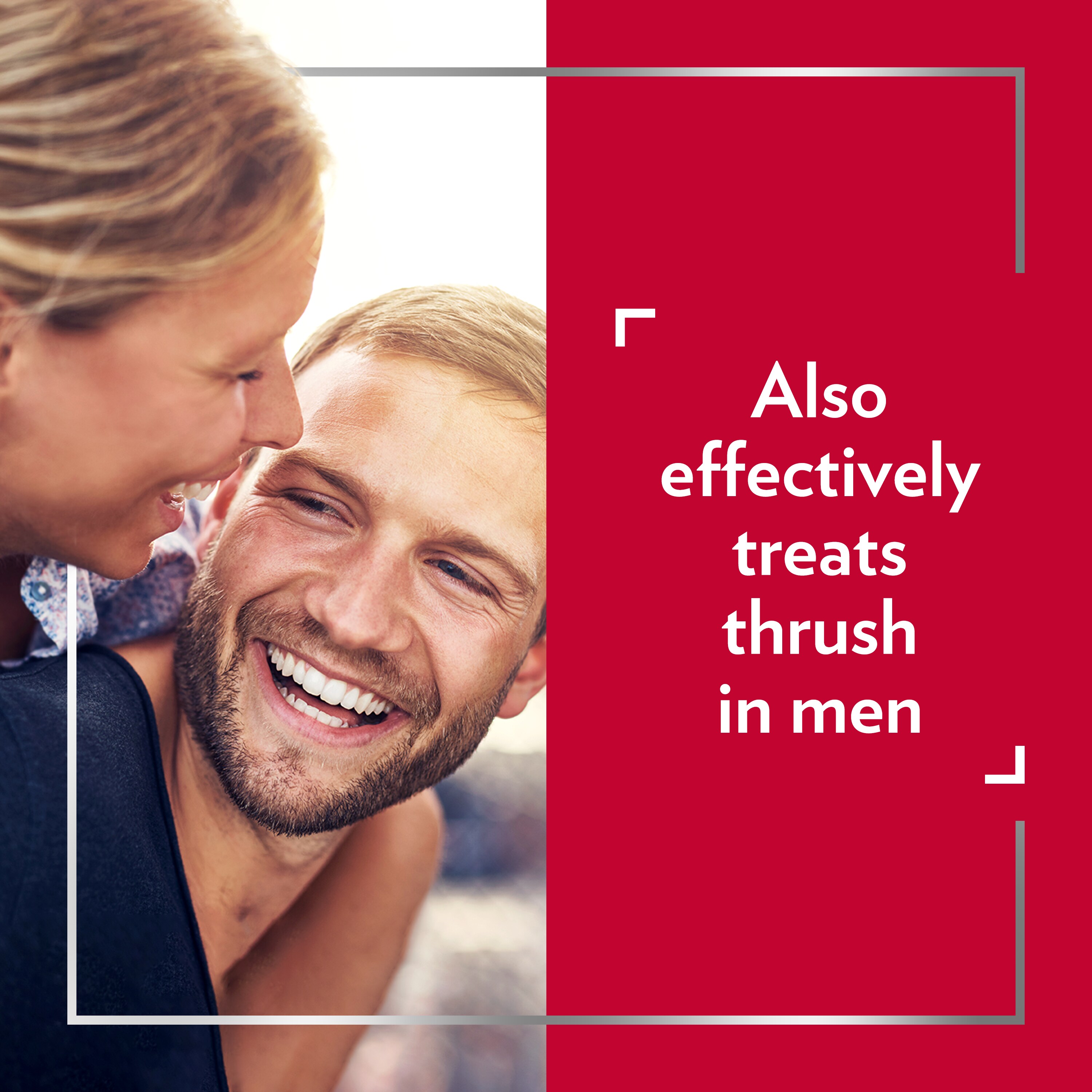 Smiling young couple having great time, happy after Canesten treatment, with caption on right: Also effectively treats thrush in men