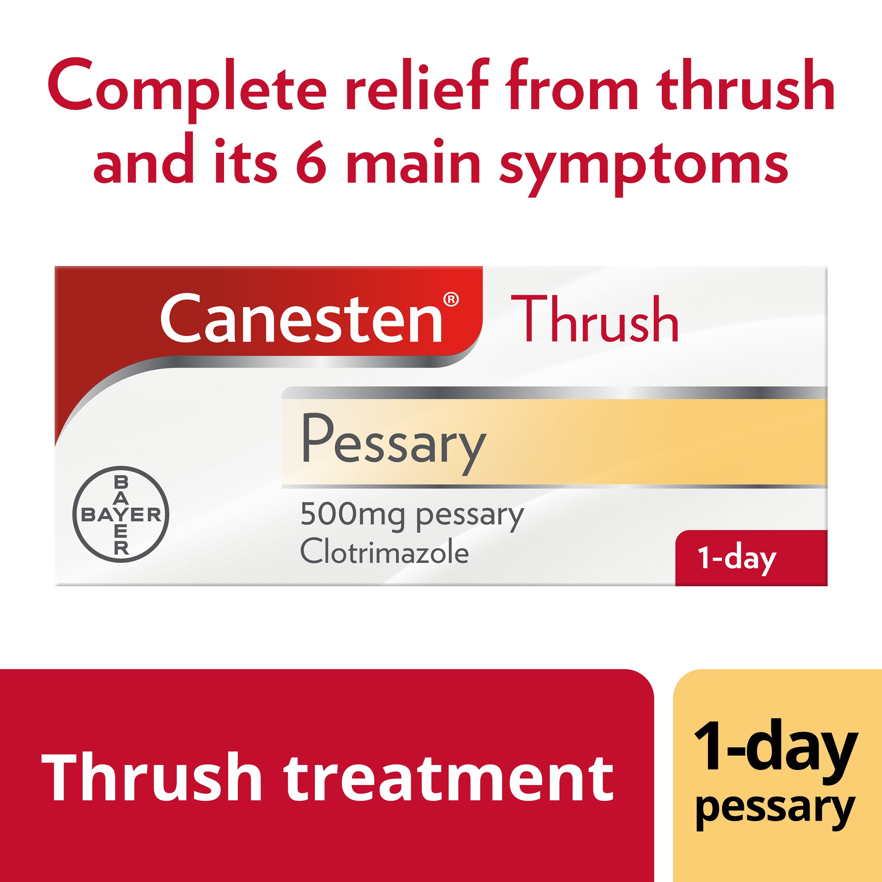 Thrush treatment: Canesten Thrush 500mg pessary, with caption on top: Complete relief from thrush and its 6 main symptoms