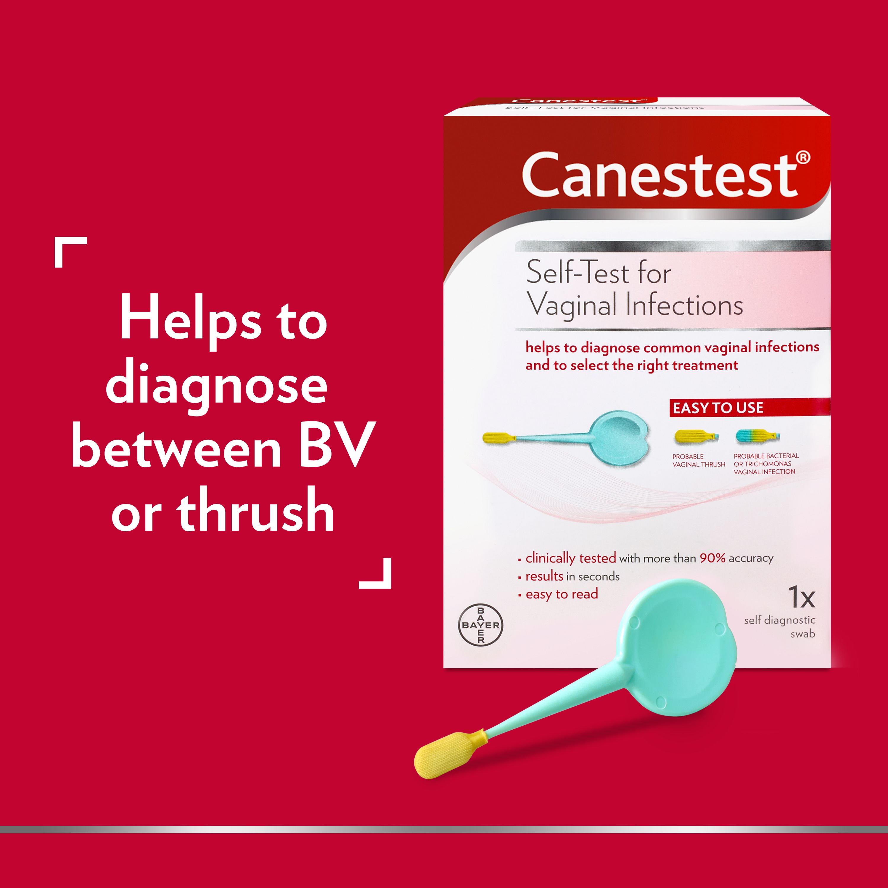 Picture of Canestest Self-Test for Vaginal Infections 1 swab with caption: Helps diagnose between BV or thrush