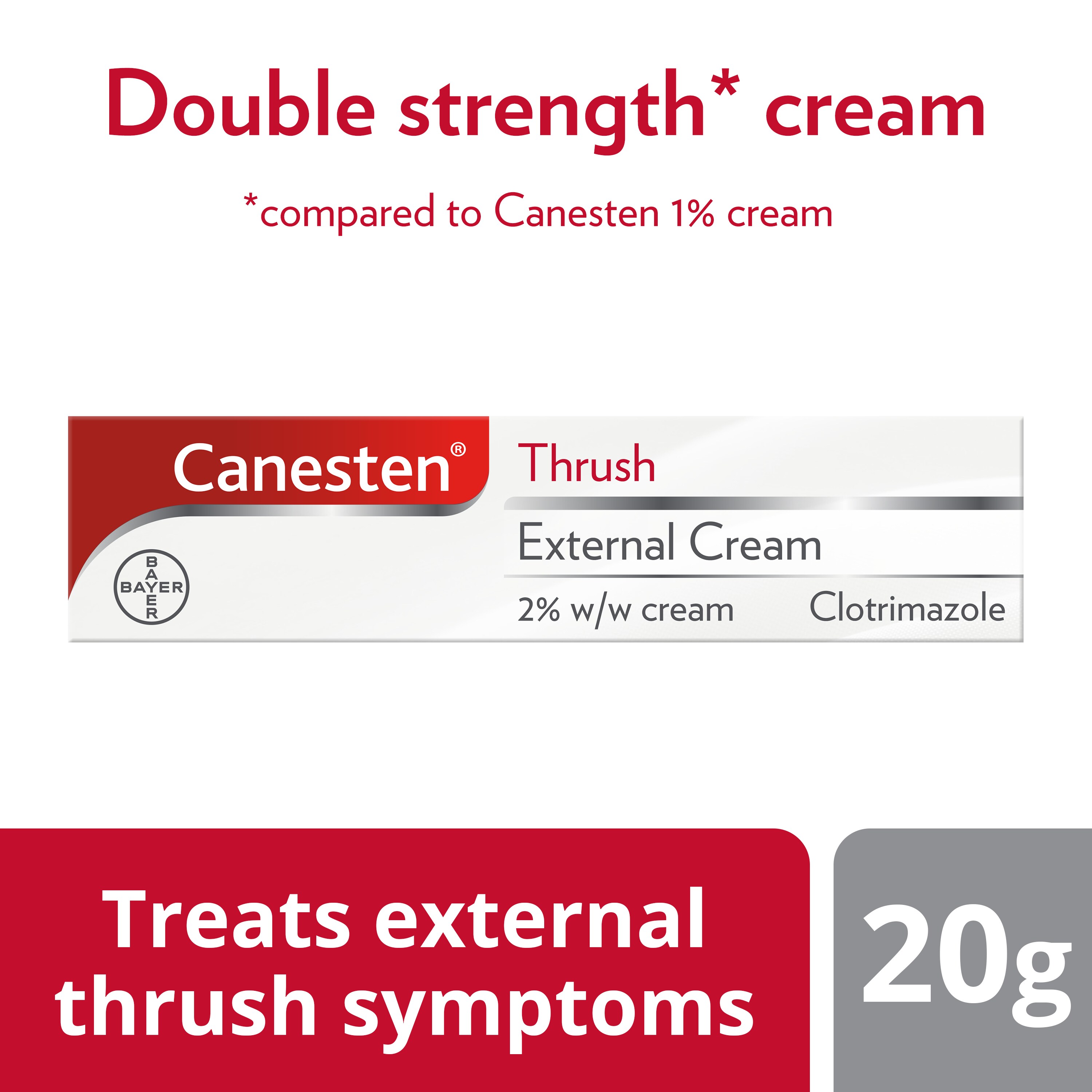 Treats external thrush symptoms 20g: Canesten Thrush External Cream, with caption on top: Double strength cream compared to Canesten 1% cream