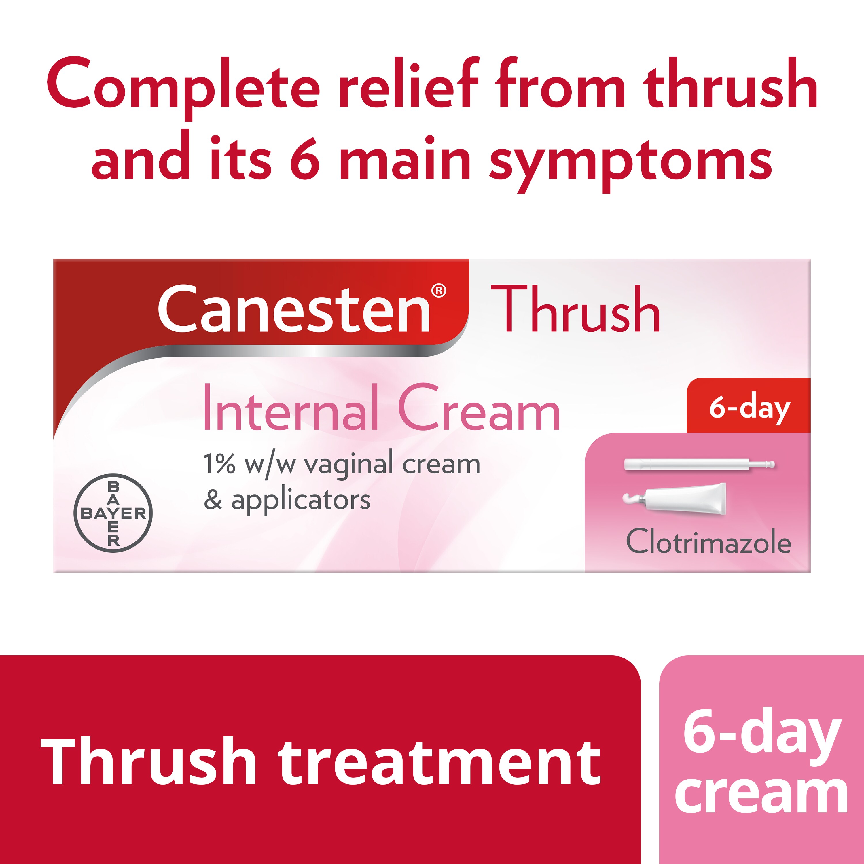 Thrush treatment 6-day cream: Canesten Thrush Internal cream 1% w/w vaginal cream and applicators, with caption on top: Complete relief from thrush and its 6 main symptoms