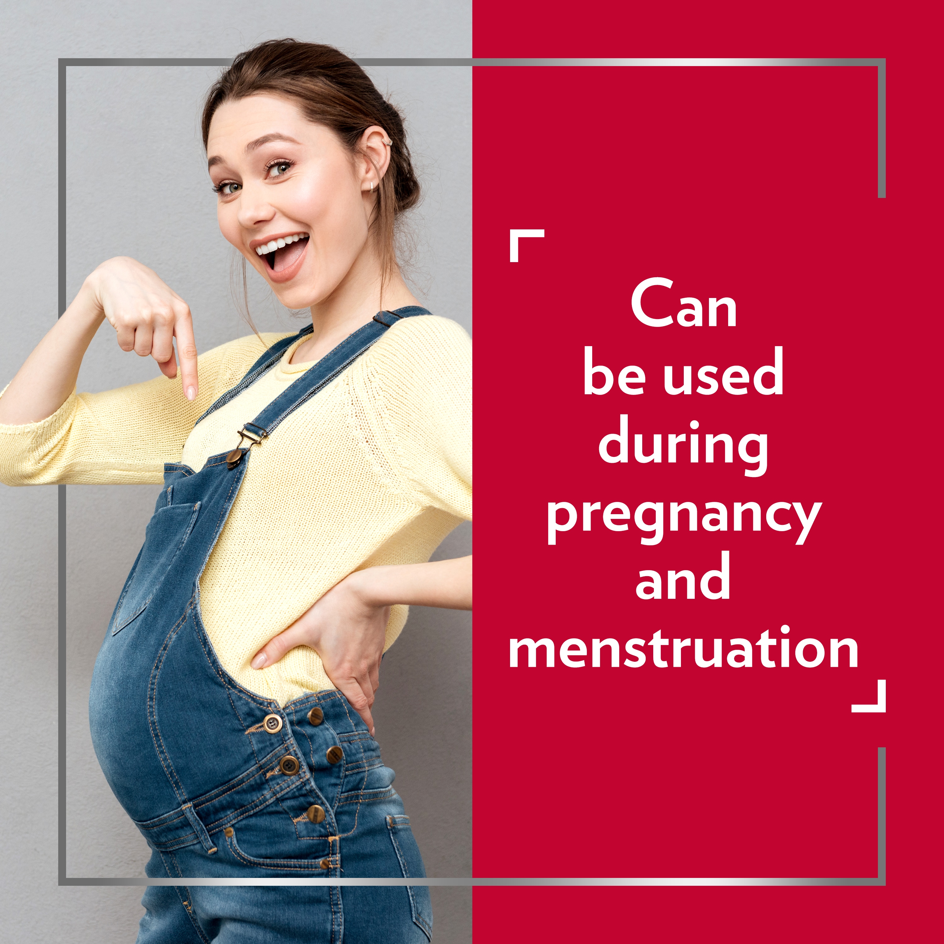 Happy young pregnant woman wearing yellow jumper and pointing to her tummy, caption on the right side of picture: Can be used during pregnancy and menstruation.