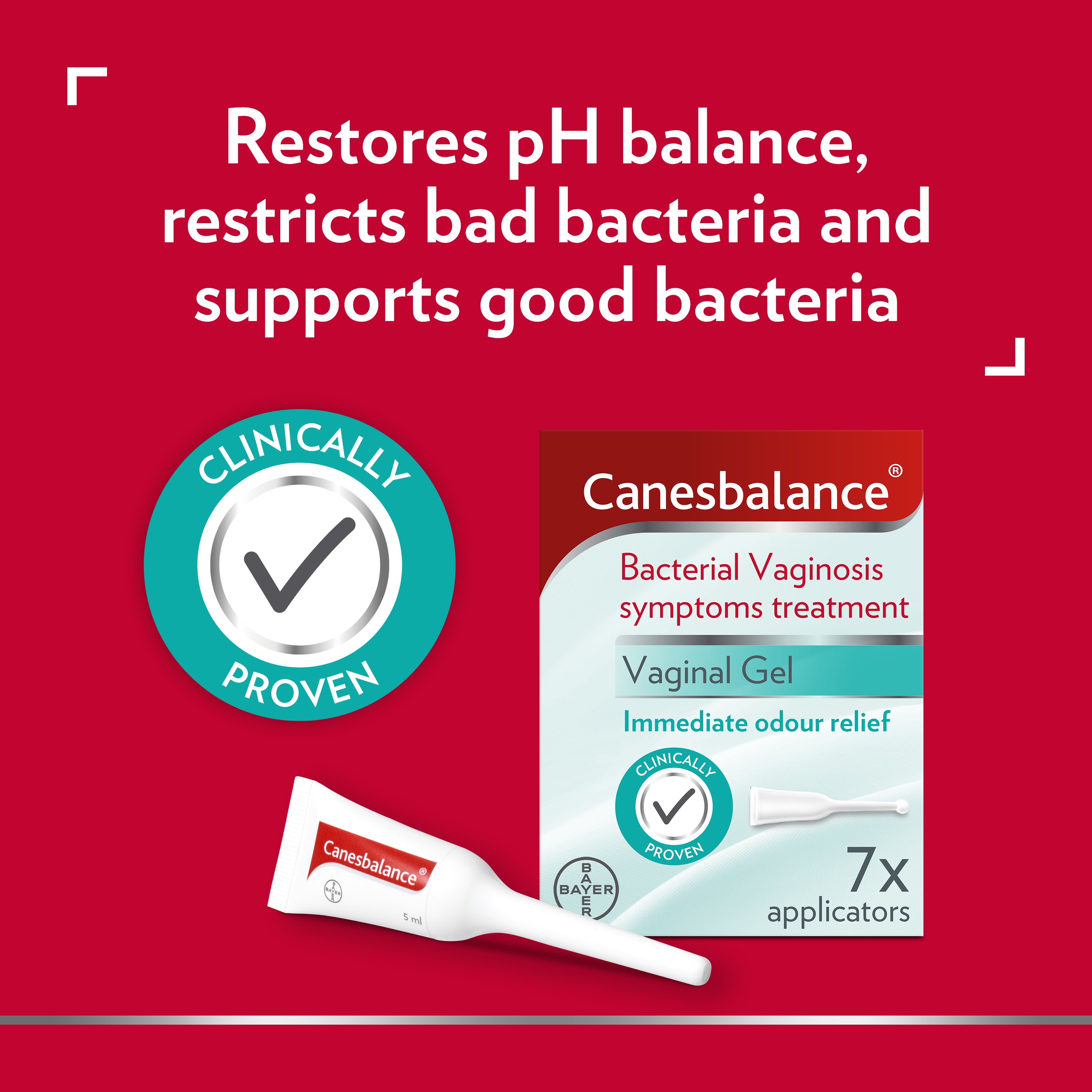 Canesten Clinically proven check icon with Bacterial Vaginosis symptoms treatment Vaginal Gel box and tube, caption on top: Restores pH balance, restricts bad bacteria and supports good bacteria.