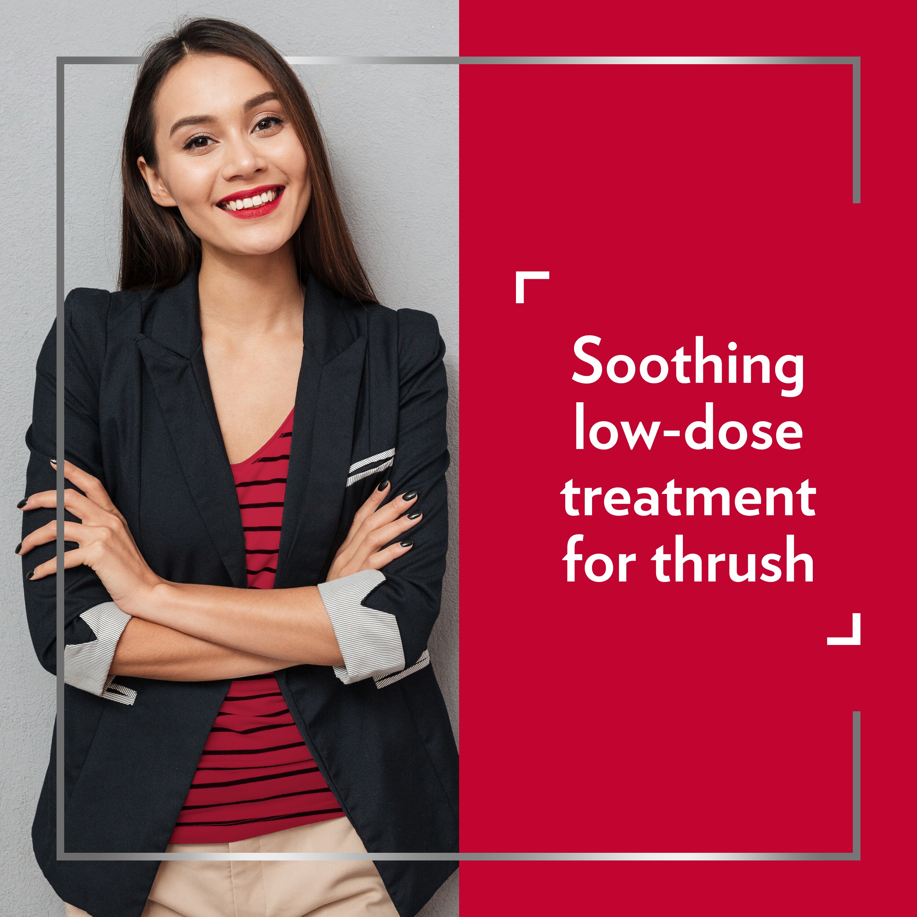 Smiling young woman wearing smart clothes with her arms crossed, happy after Canesten treatment, with caption on the right: Soothing low-dose treatment for thrush