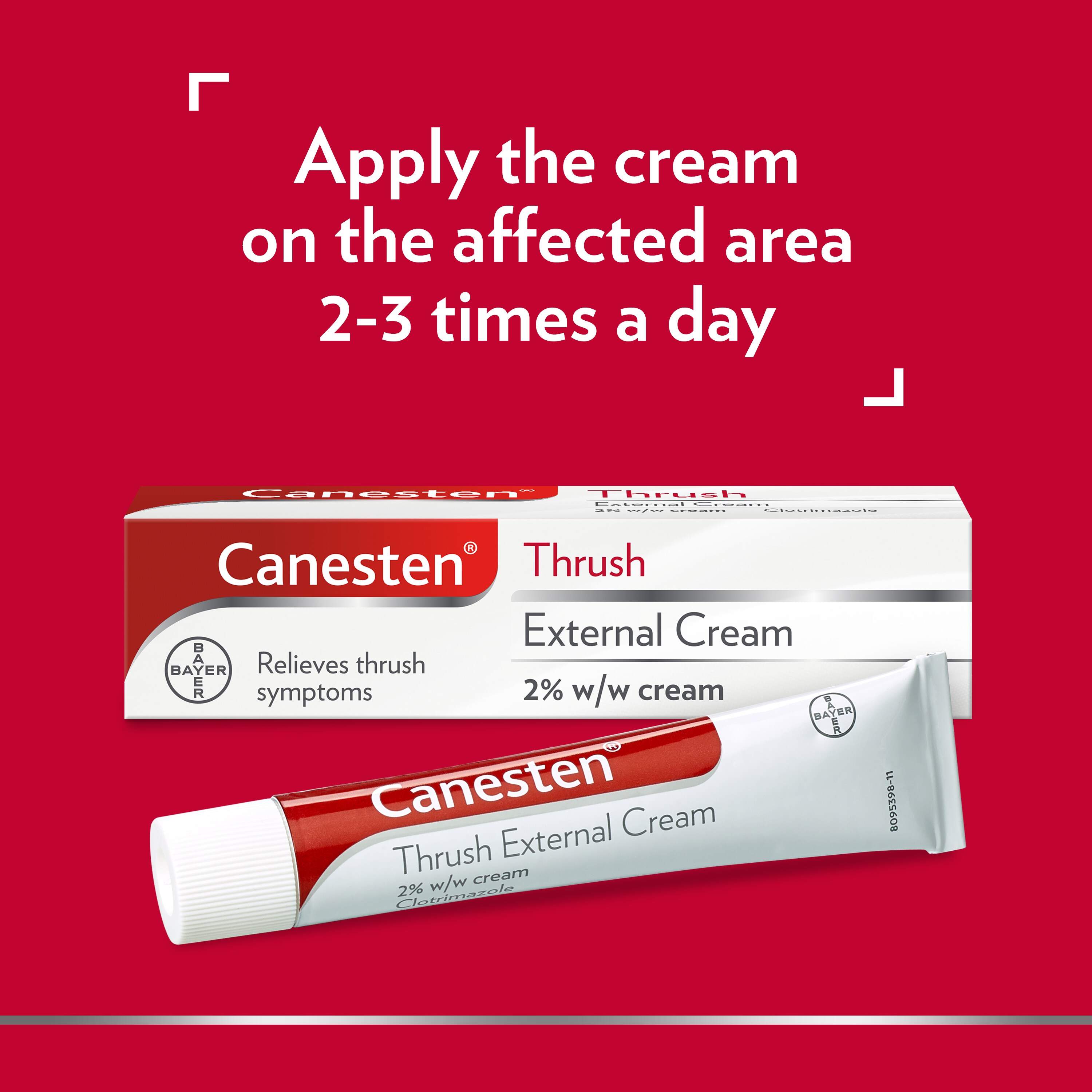 Canesten Thrush External Cream, with caption on top: Apply the cream on the affected area 2-3 times a day