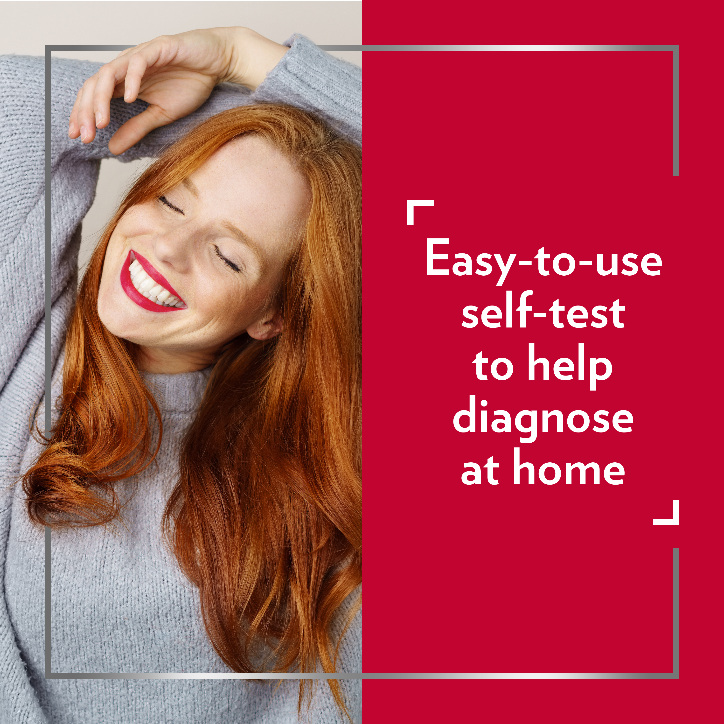 Smiling and stretching young red-haired woman, with Canesten caption on the right: Easy-to-use self-test to help diagnose at home