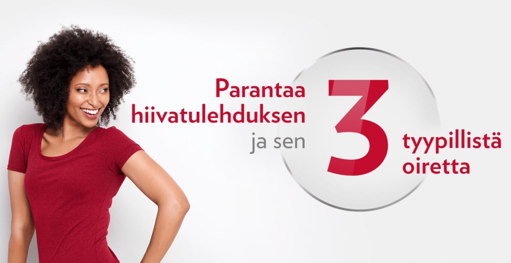 Hymyilevä nuori nainen punaisessa t-paidassa, onnellisena päästyään eroon hiivasienitulehduksen 3 pääoireesta Canesten-hoidon avulla